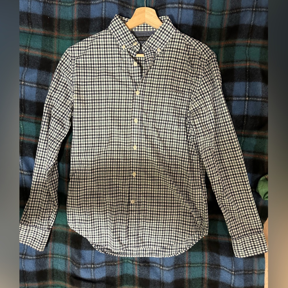 Banana Republic Gingham Green Blue Checkered Shirt Men’s Small